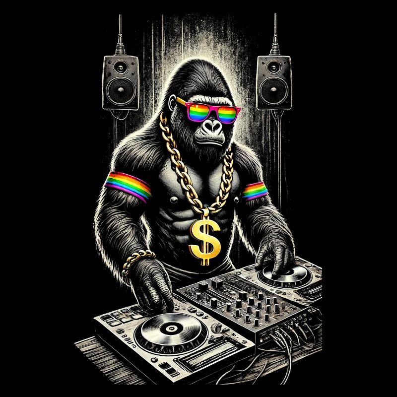 Funky Gorilla DJ avec accessoires arc-en-ciel