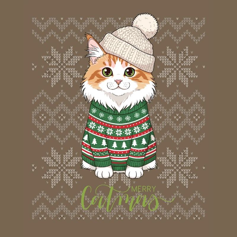 Chat Noël en pull vert et beige
