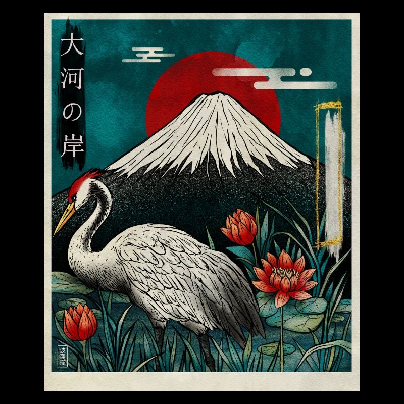 Red Crowned Crane and Mount Fuji