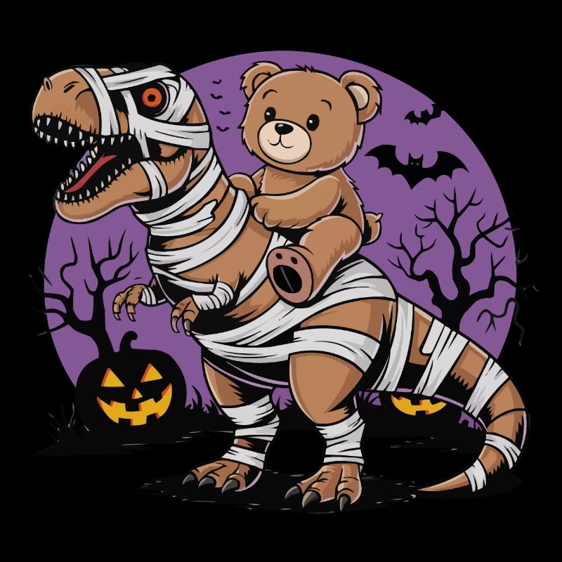 Teddy bear riding a dinosaur on Halloween