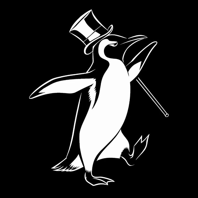Pingouin élégant avec chapeau haut de forme et bâton de marche