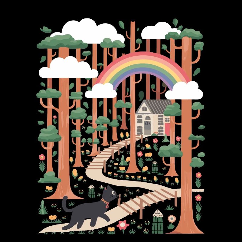 Cottagecore maison arc-en-ciel dans les bois avec chat