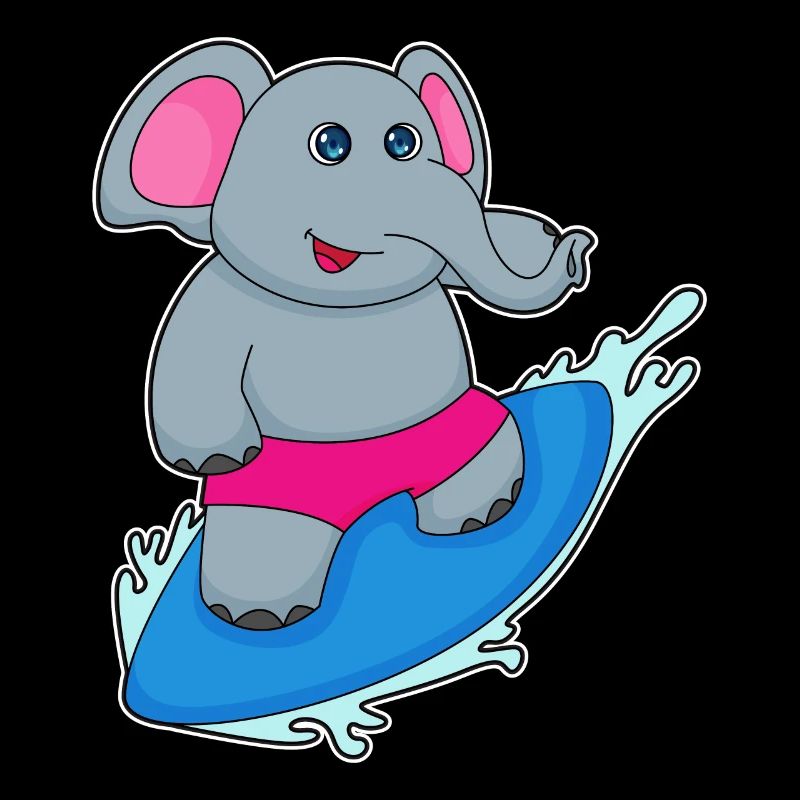 Elephant as a surfer with surfboard