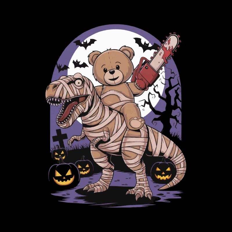Teddy bear riding a dinosaur on Halloween