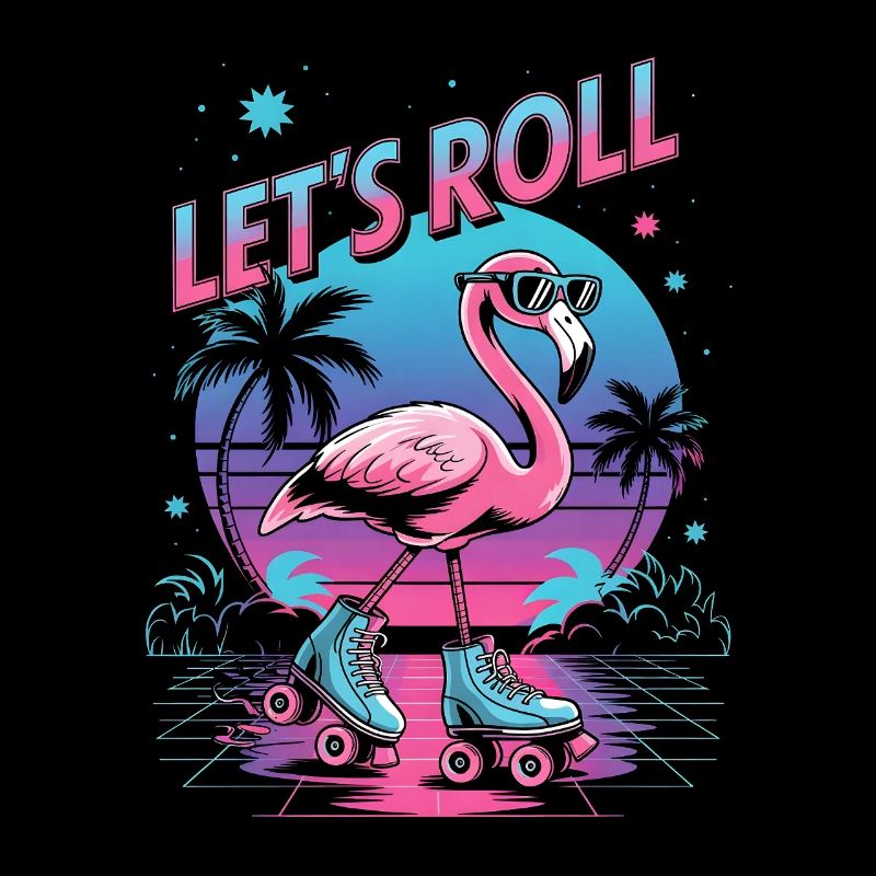 Flamingo on Roller Skates - Retro 80s
