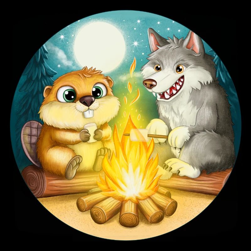 Castor et loup - Amis au feu de camp