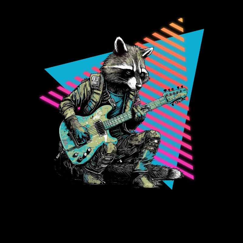 Raccoon with guitar 80s style