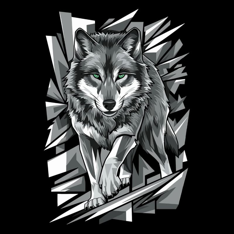Wolf with Green Eyes in Geometric Style