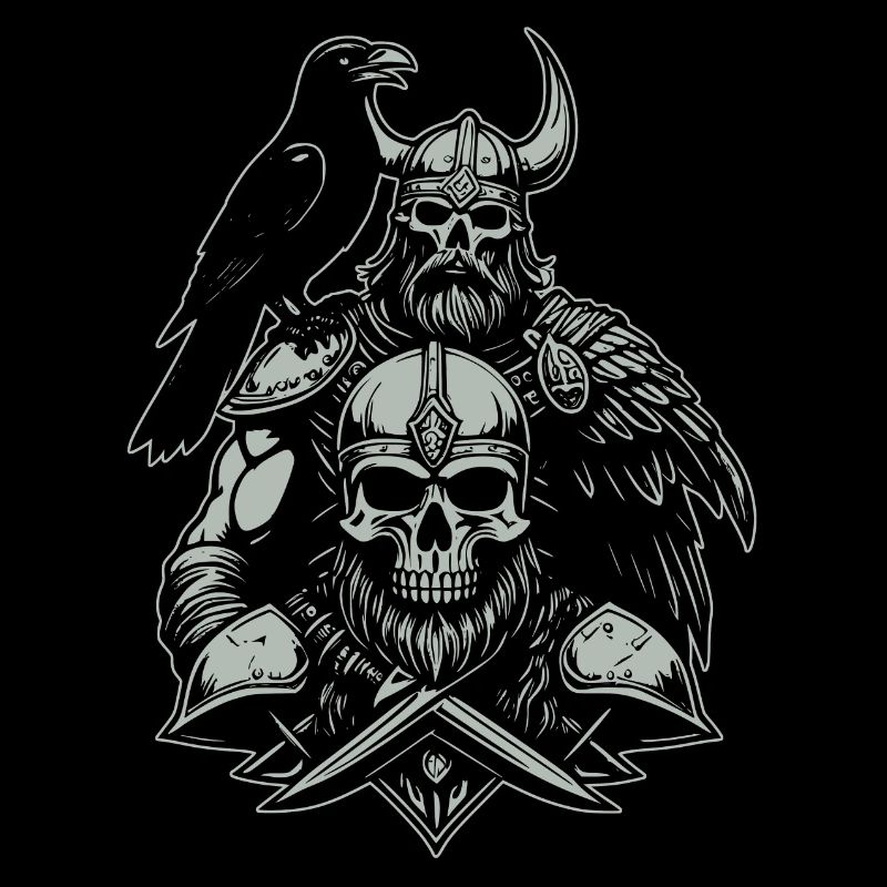 Viking with sword and raven on skull