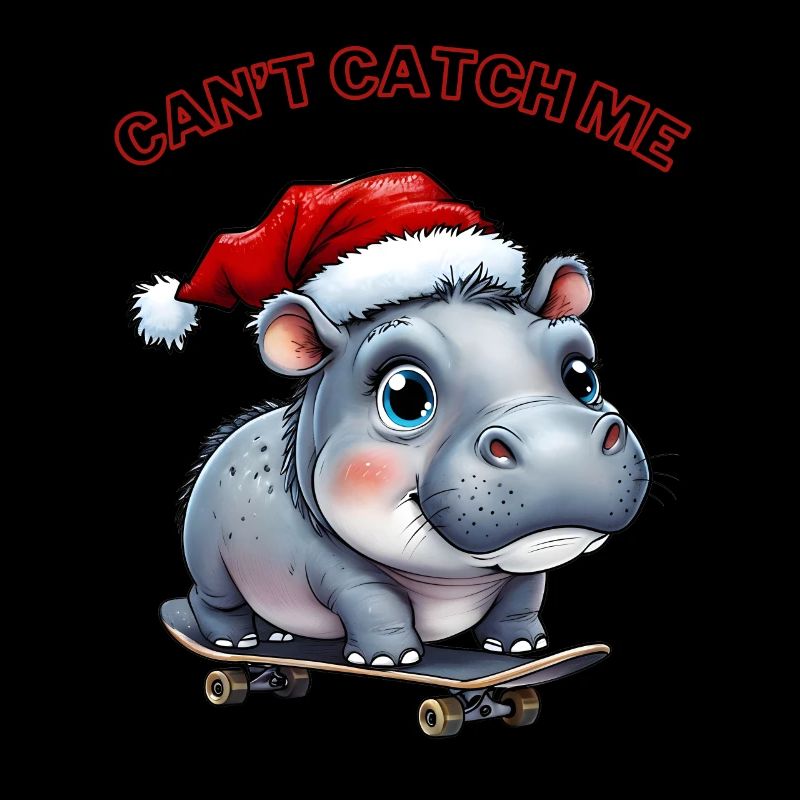 Moo Deng with Santa hat and skateboard