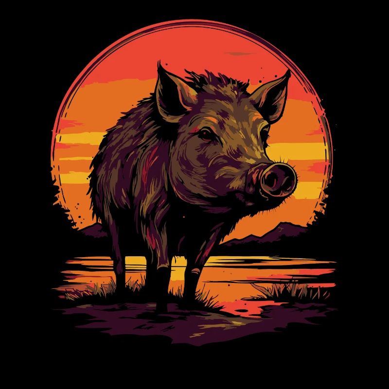 Coucher de soleil rétro et sanglier