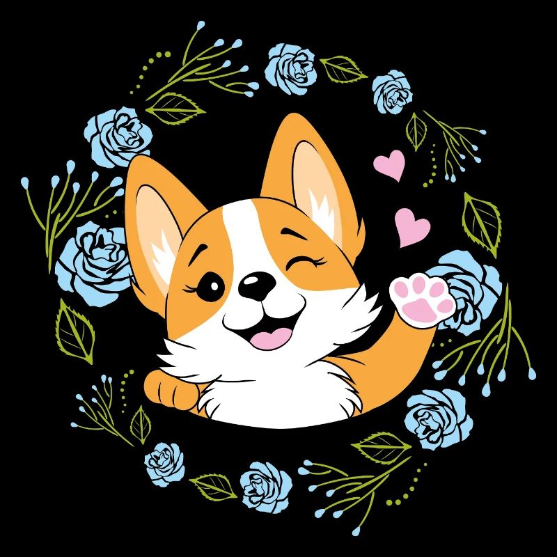 Agitant un chien Corgi heureux dans une couronne de fleurs