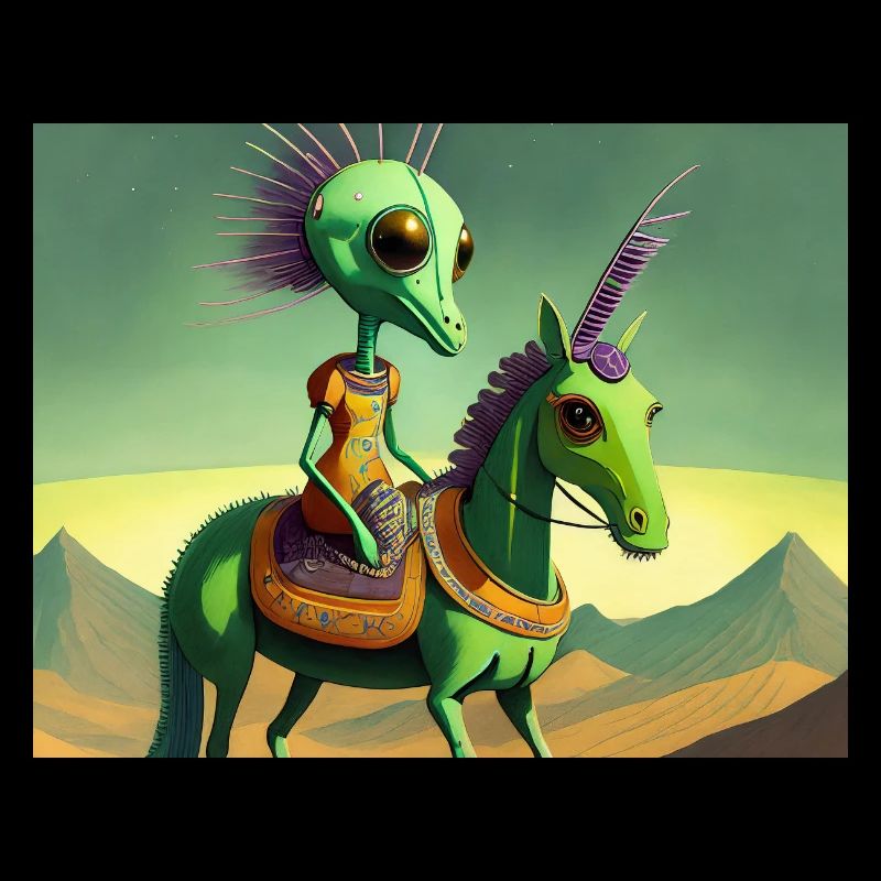 mignon petit extraterrestre rétro vert chevauchant un cheval