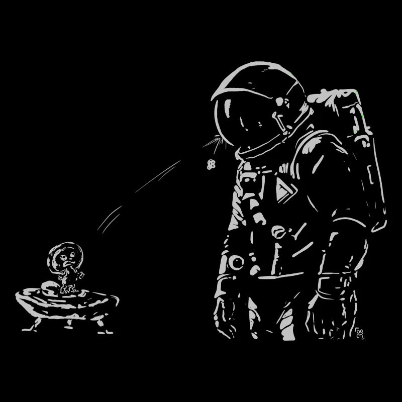 Un petit extraterrestre jette une pierre à un astronaute