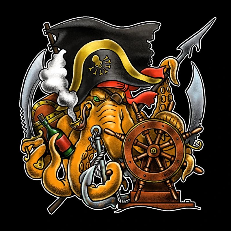 Funny octopus pirate at the ship's steering wheel.