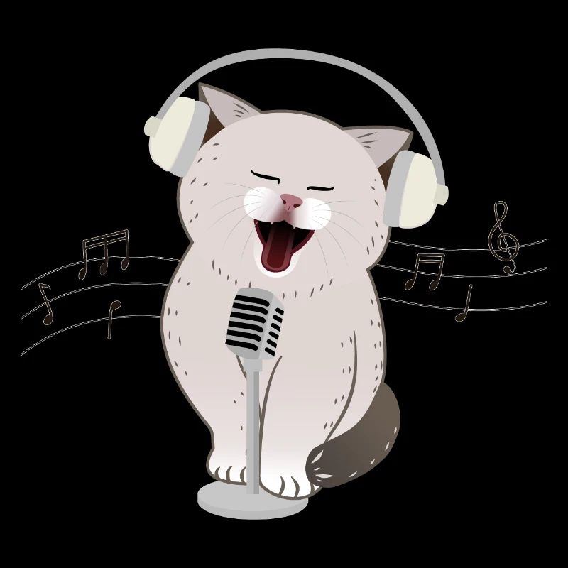 Chat mignon chantant avec des écouteurs et un microphone