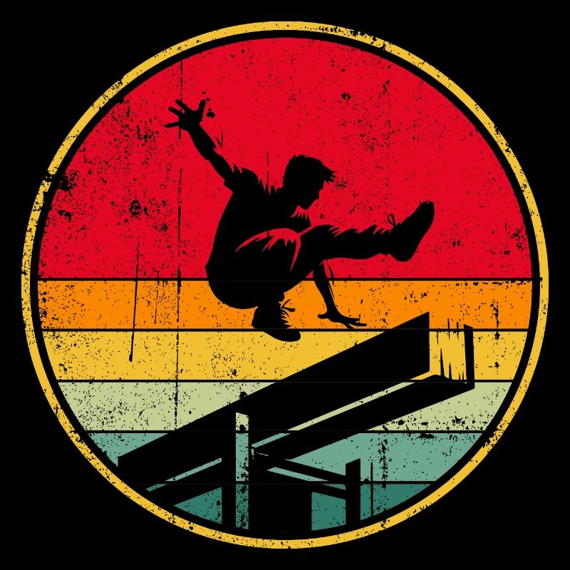 Silhouette de patineur rétro sur rayures coucher de soleil