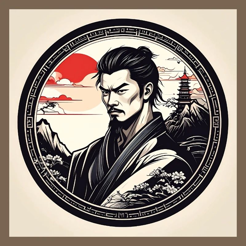 Samurai in circle frame sunset