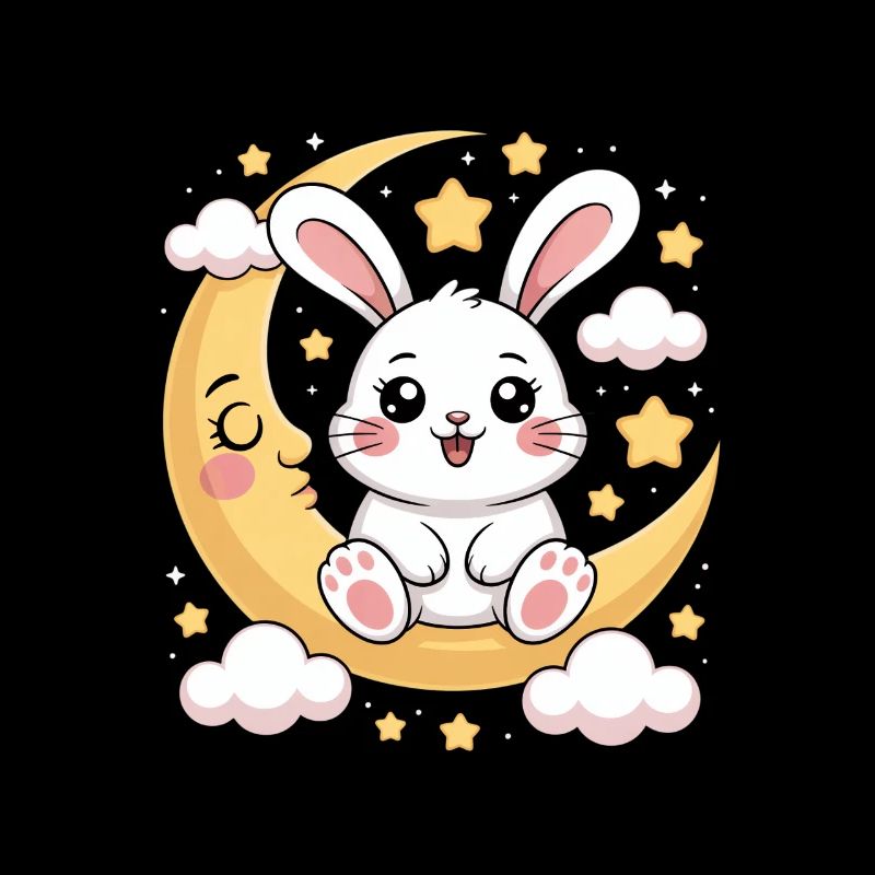Cute bunny on crescent moon with stars