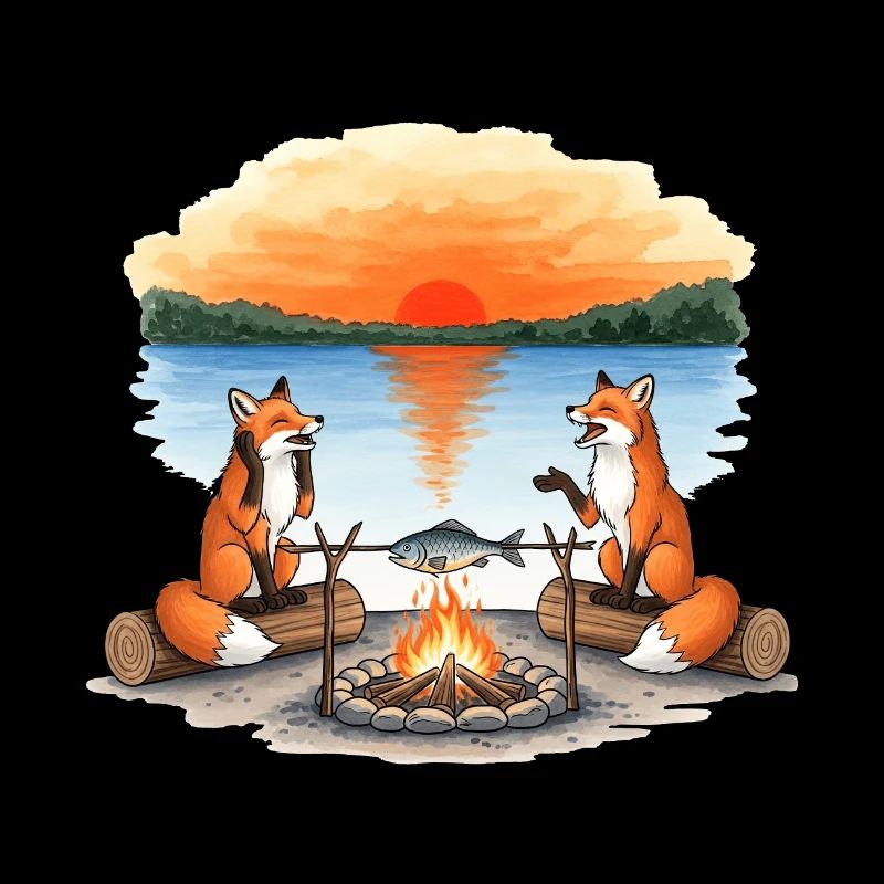 Feu de camp Fox au coucher du soleil au bord du lac