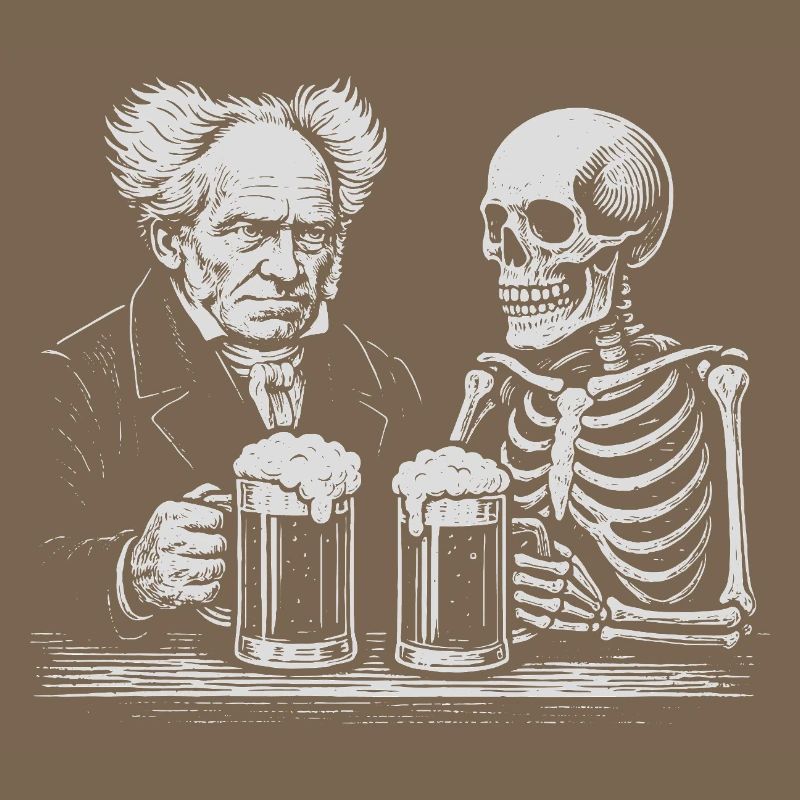 Arthur Schopenhauer drinking beer with skeleton