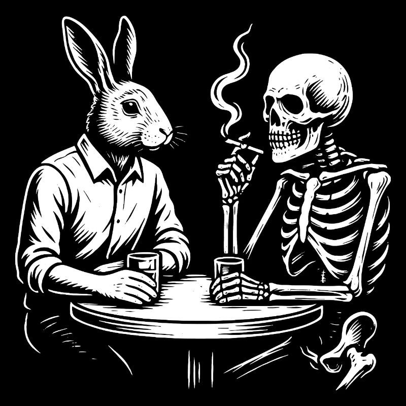 Lapin et Squelette boivent de la bière à la table