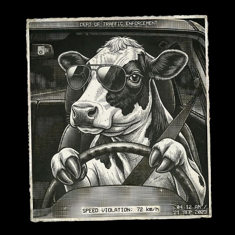 Vache laitière flashed conduisant une voiture