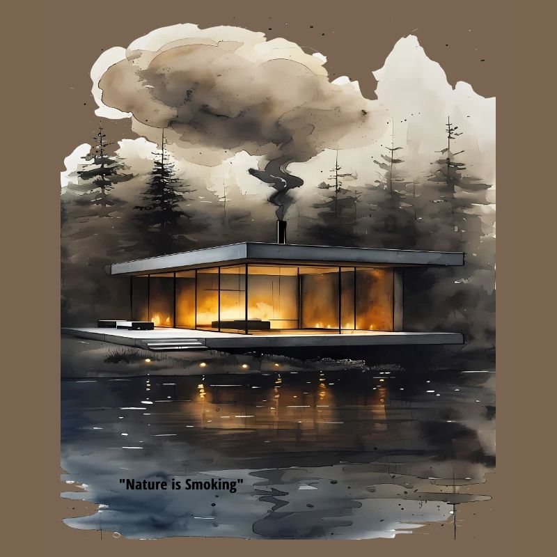 Cabane moderne éclairée par le feu sur le lac