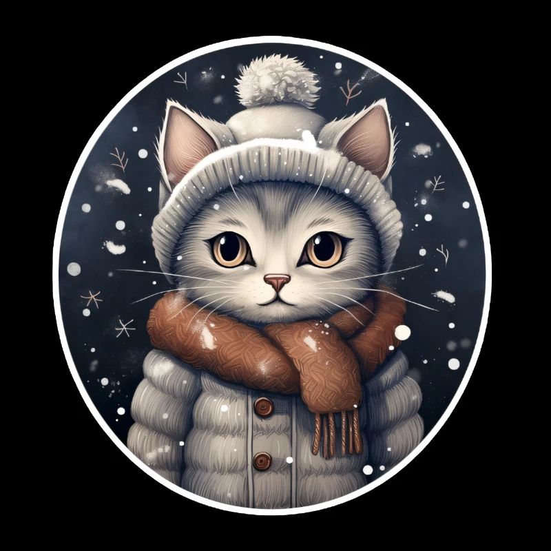 Cat with hat, scarf and jacket in snowfall