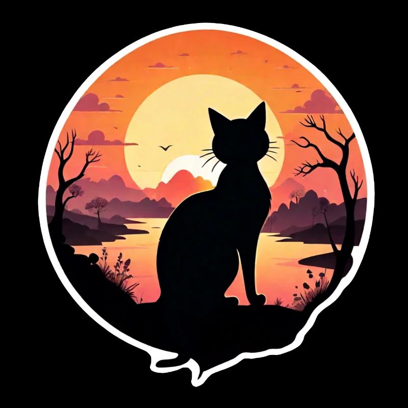 chat paysage et coucher de soleil