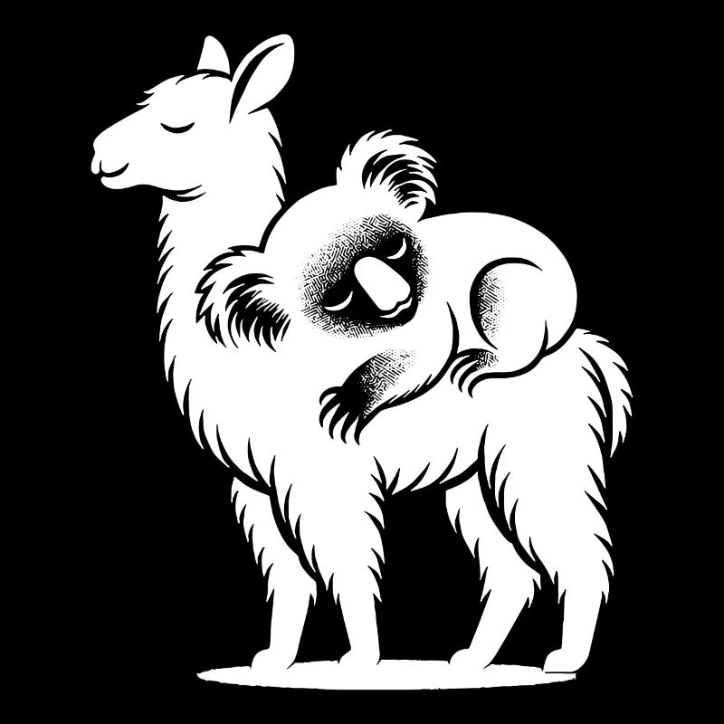 Lama drôle avec un koala effrayant sur son dos