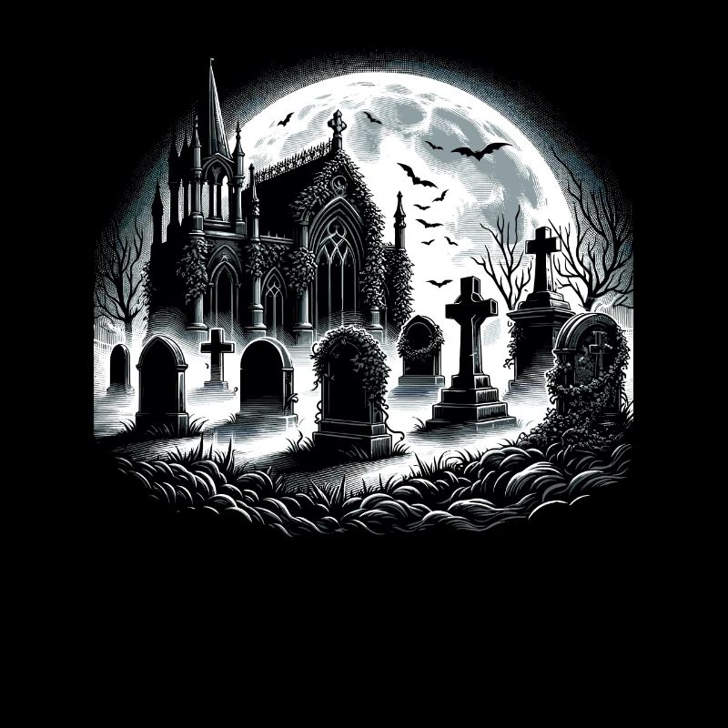 Cimetière gothique au clair de lune : scène de nuit étrange