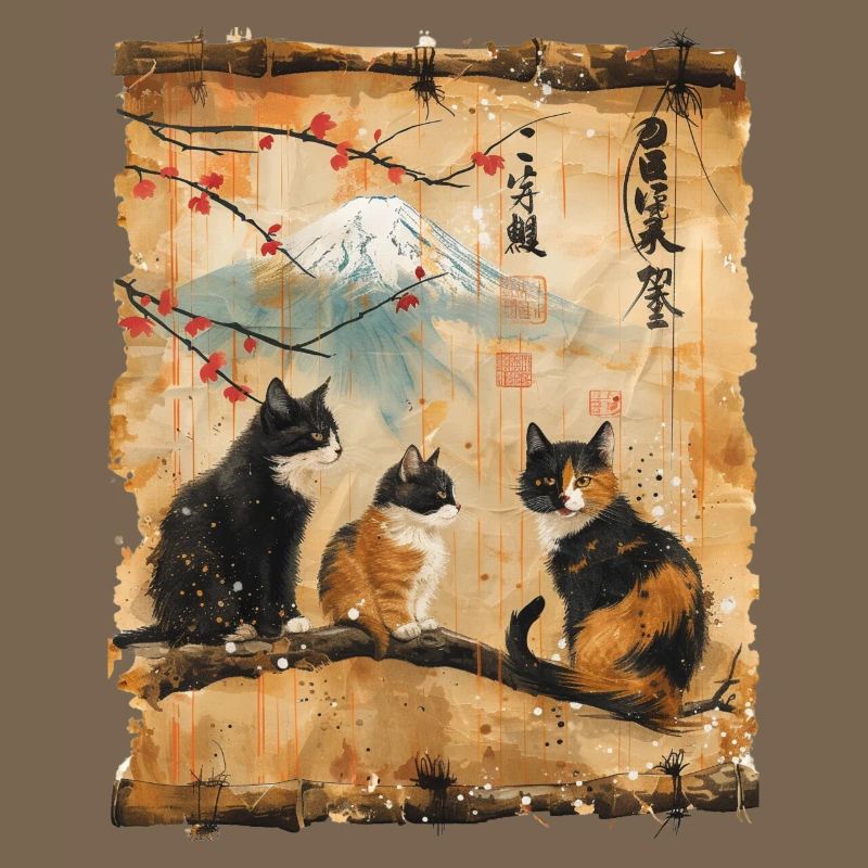 Mt. Fuji Kitten Papyrus Scroll Retro