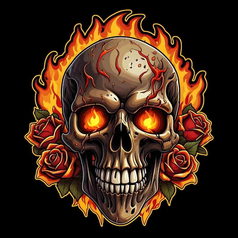 Skull with Fire and Red Roses Burning Skull