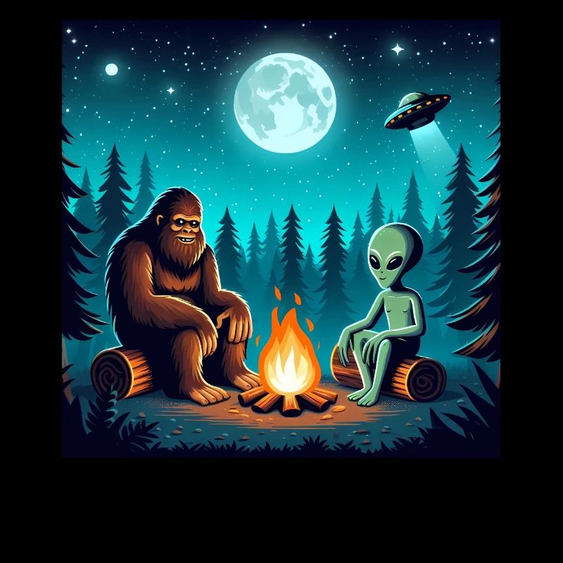 Bigfoot avec extraterrestre au feu de camp
