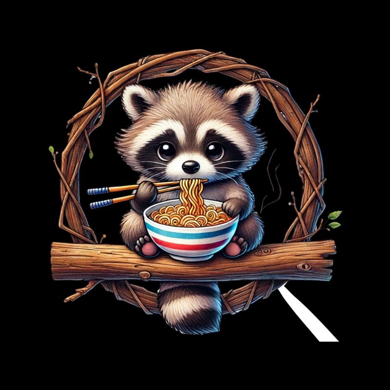 raton laveur mignon mangeant des nouilles ramen