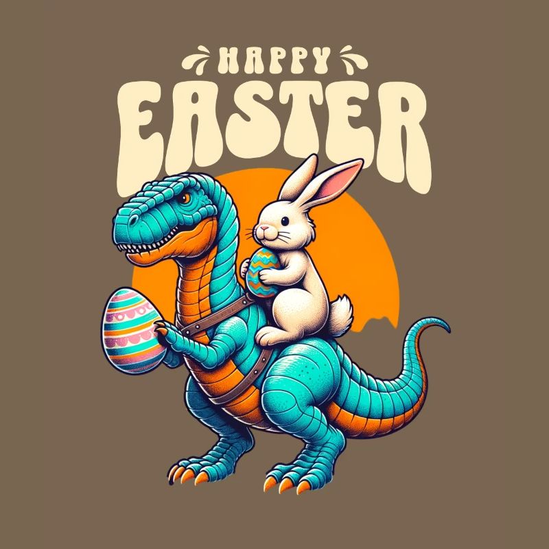 Easter Bunny Riding Dinosaur with Easter Egg