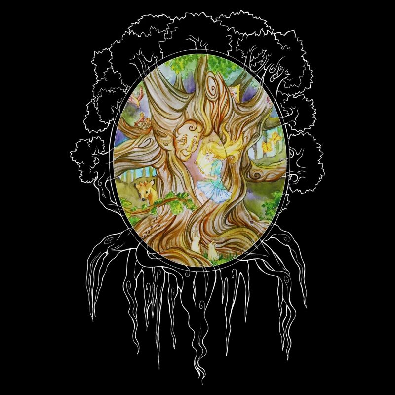 Fille dans l’arbre de la sagesse, chêne, forêt, miroir
