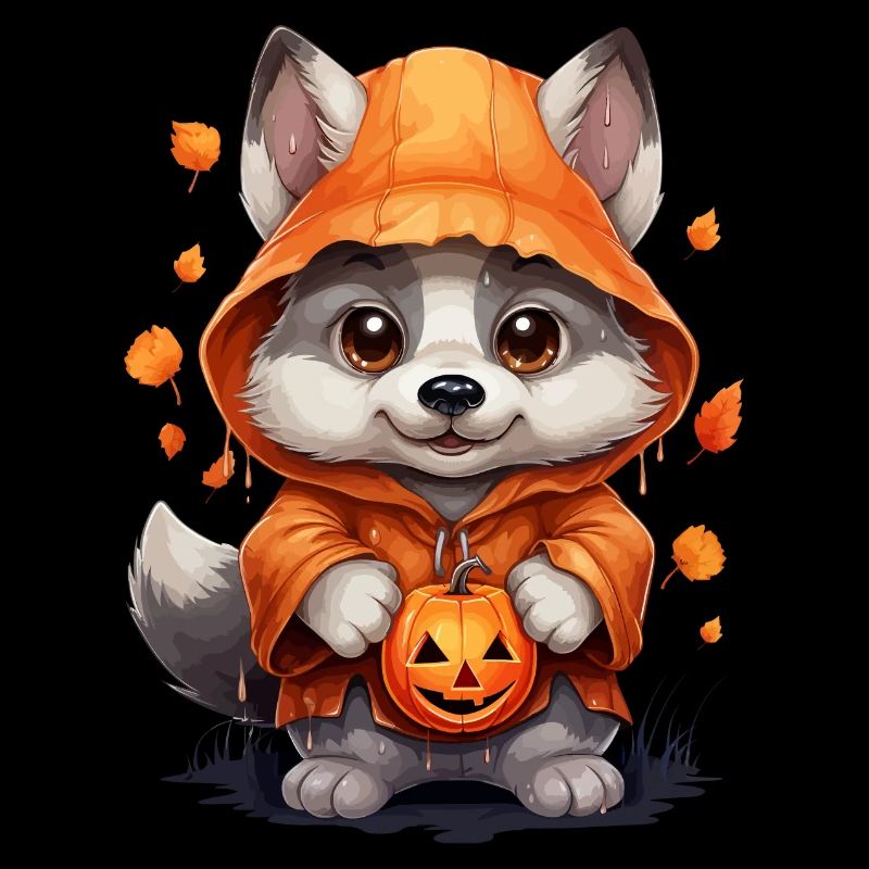 Cute Halloween Wolf with Pumpkin Lanterns