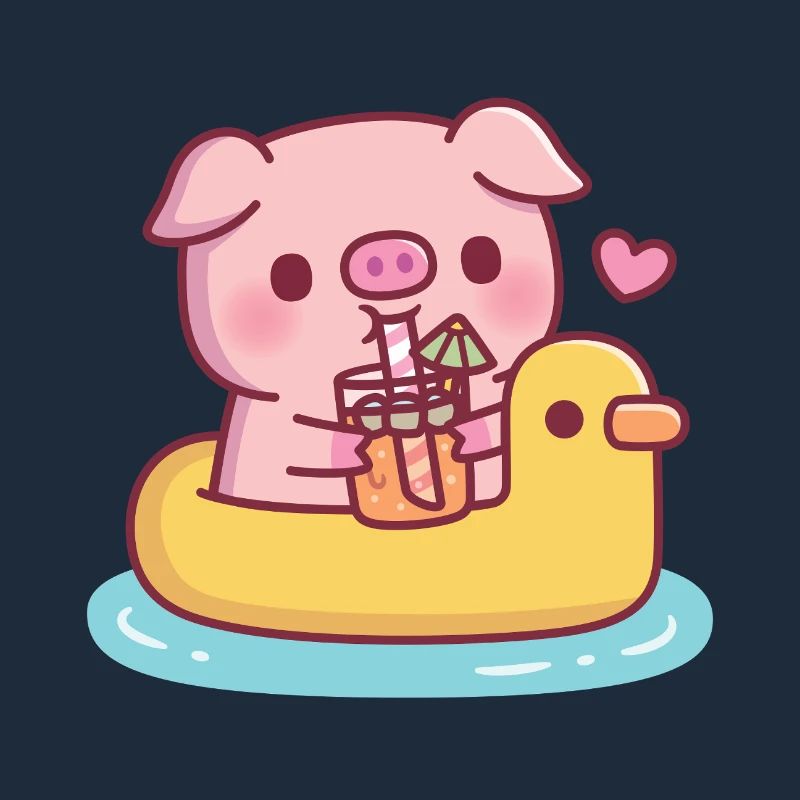 Cute Pig Drinking Orange Juice On Duck Pool Float