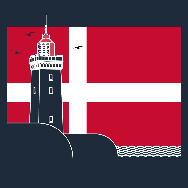 Drapeau du Danemark avec phare de Rubjerg Knude