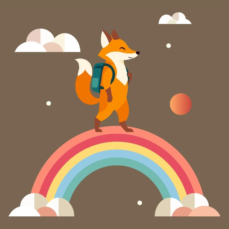 Cheerful fox with backpack on rainbow