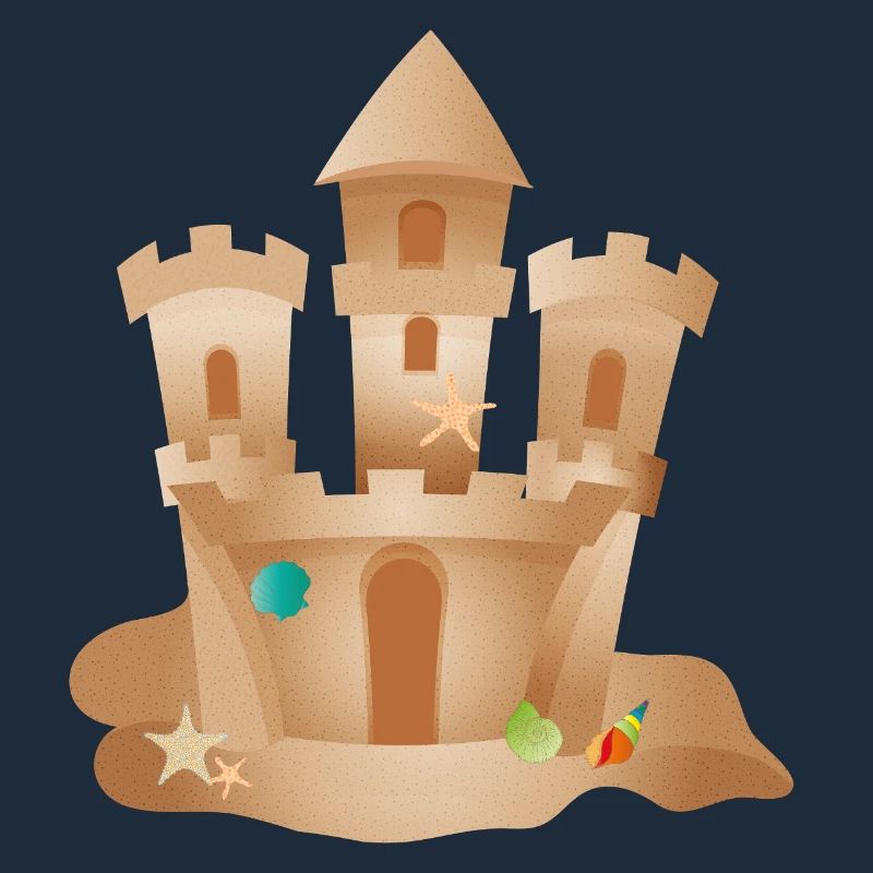Sand castle with shells and starfish on the beach