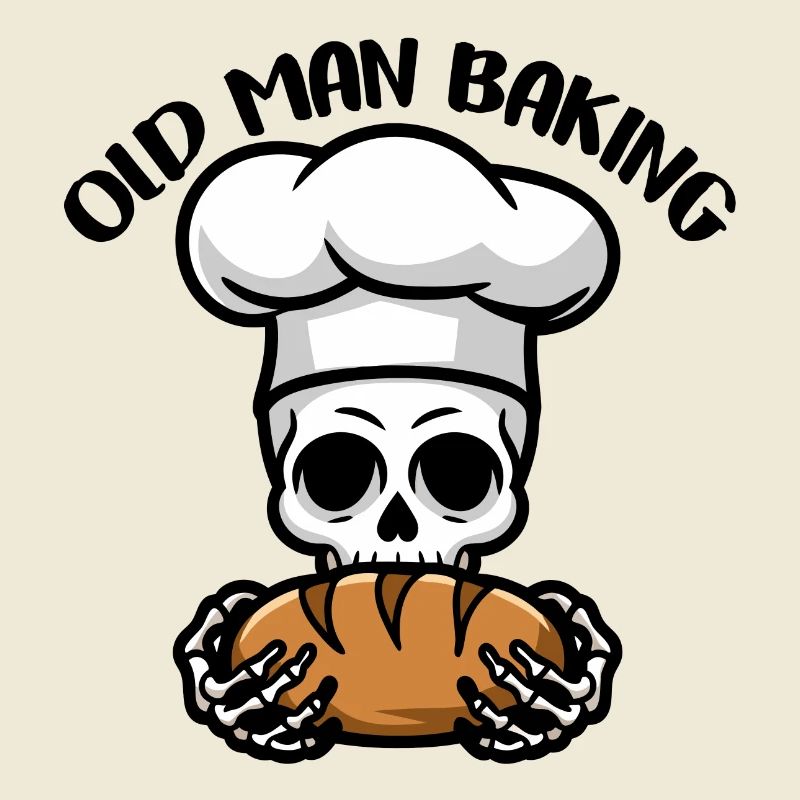 Funny Baker Skull with Bread. Old man bakes