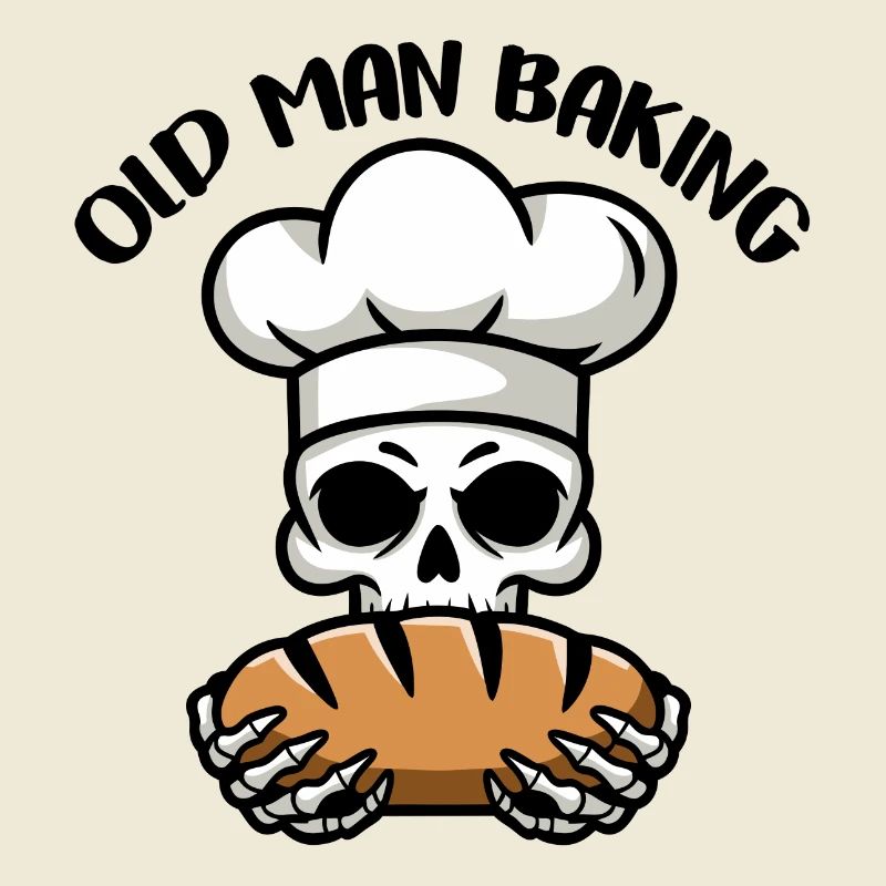 Funny Baker Skull with Bread. Old man bakes
