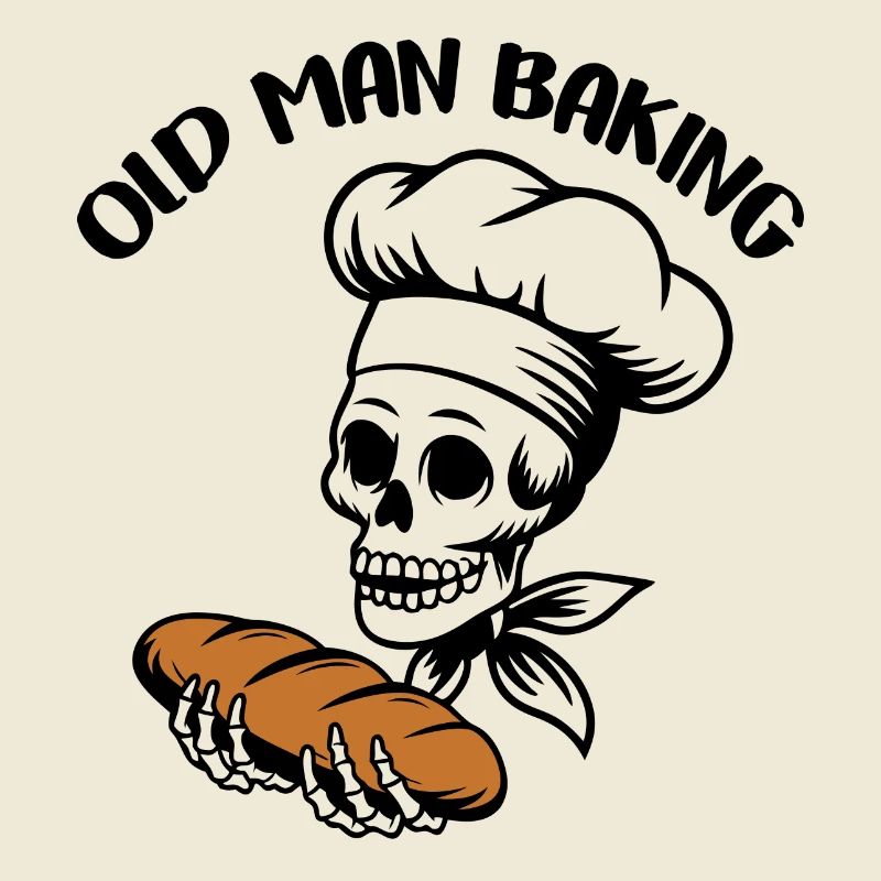 Funny Baker Skull with Bread. Old man bakes