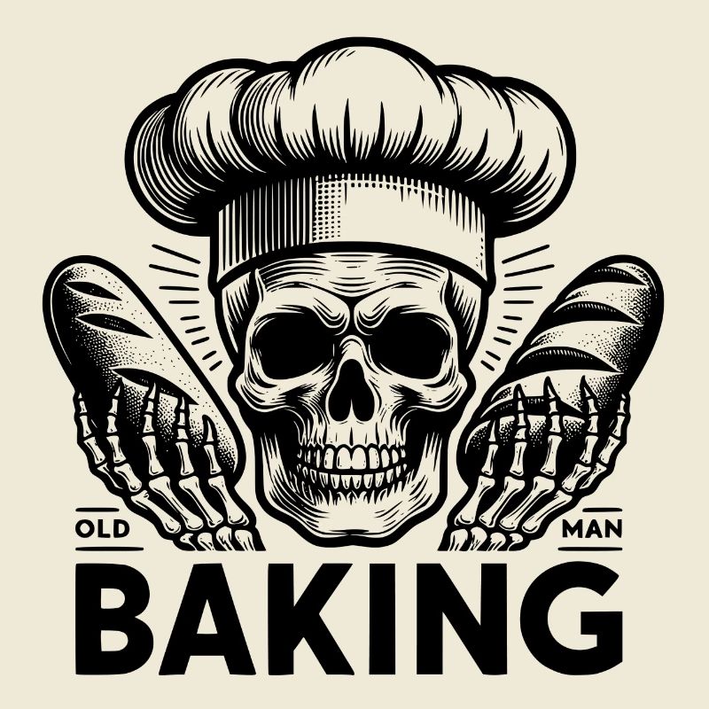 Old Man Baking Skull with Baker's Hat Baking Bread