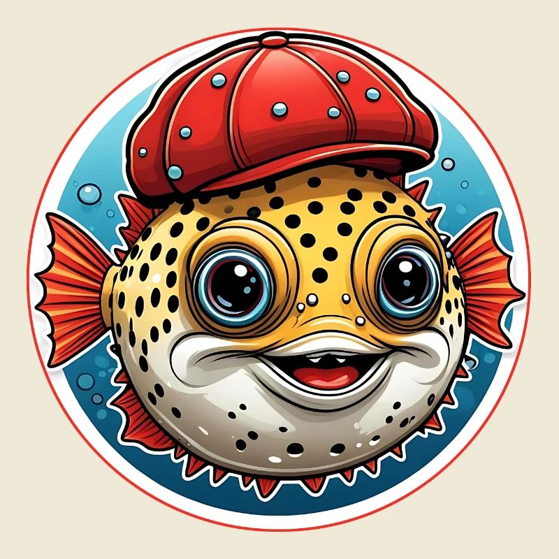 Funny puffer fish with red baseball cap