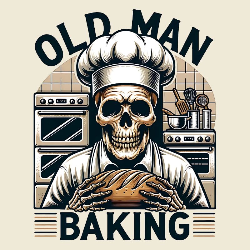 Old Man Baking Skull with Baker's Hat Baking Bread