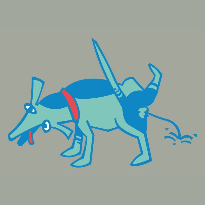 kleiner, blauer Hund pullert an eine Wand